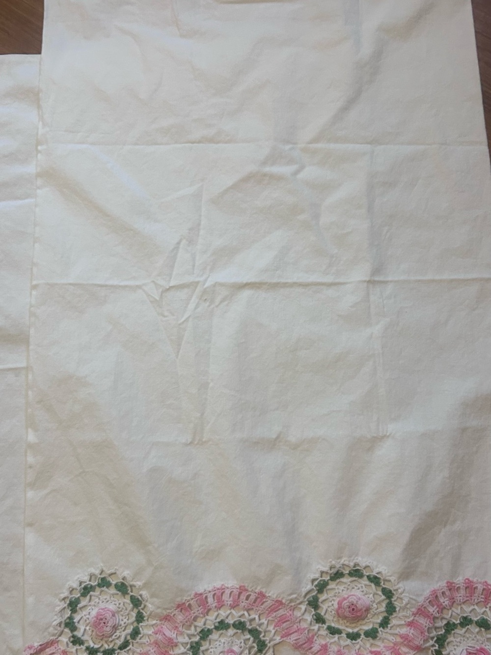 Vintage White Pillowcases with Pink and Green Crochet Trim - Picture 4 of 7